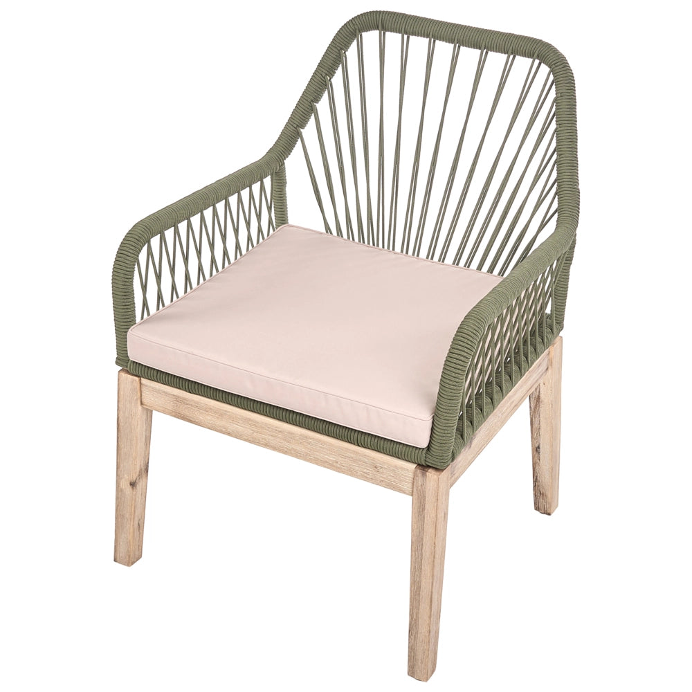 Set di 2 sedie da pranzo da esterno, struttura in polipropilene bianco e verde oliva gambe in legno di acacia, cuscini in poliestere, design moderno, rivestimenti sfoderabili, intreccio in corda