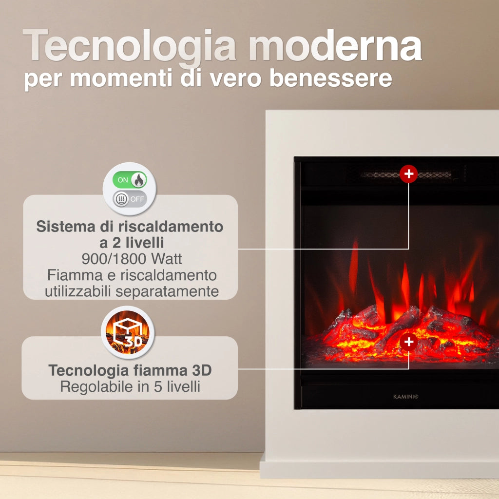 KAMINIO Camino elettrico KALLE - Caminetto elettrico a pavimento con riscaldamento, effetto fiamma 3D, telecomando - Bianco