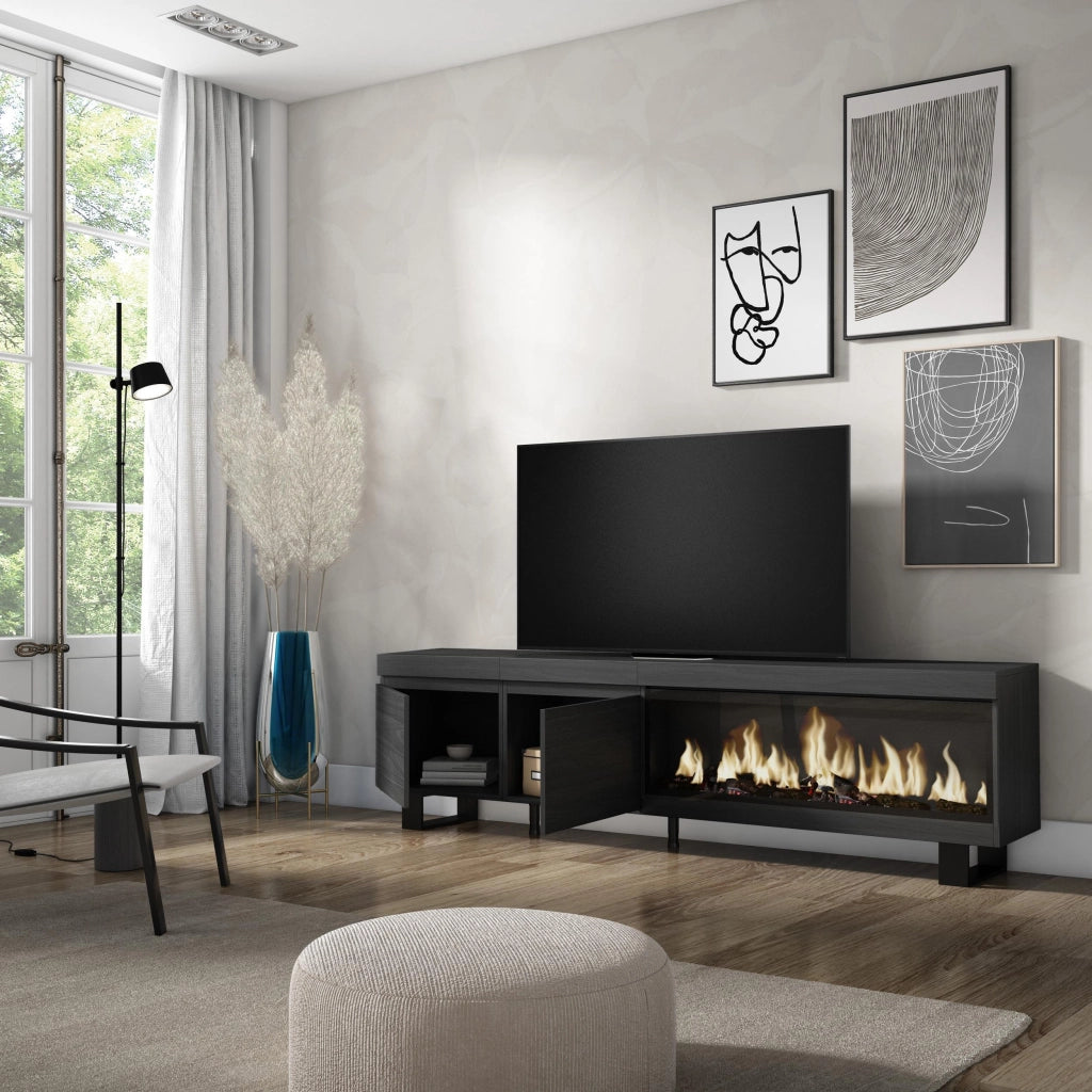 Mobile TV Soggiorno, 208x35x57cm, Per TV fino a 80", Camino elettrico XXL, Design industriale, Nero RF3260