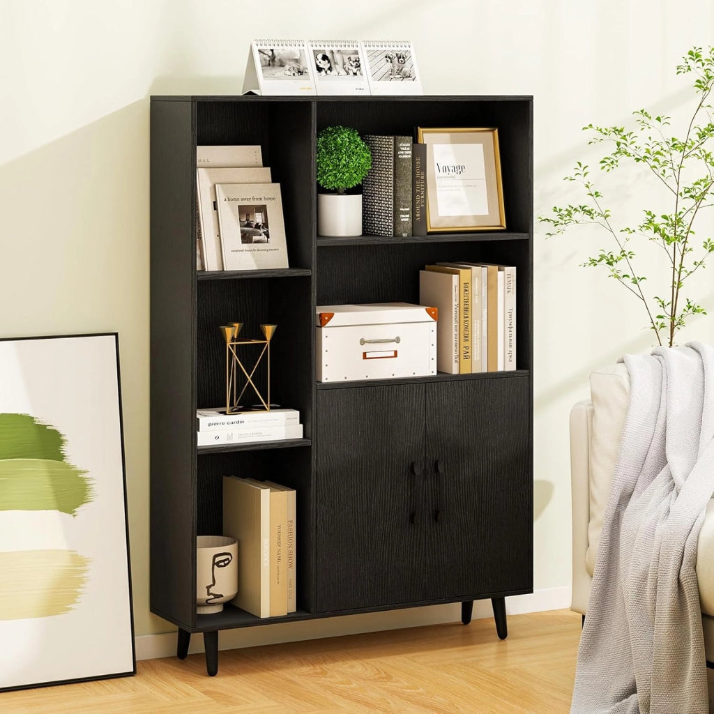 Libreria Scaffale con 5 Ripiani a Cubo Aperti e 2 Ante, Scaffale Espositivo in Legno Salvaspazio, Mobile per Camera da Letto, Soggiorno, Salotto, Ufficio e Studio, 80 x 23,5 x 119 cm (Nero)