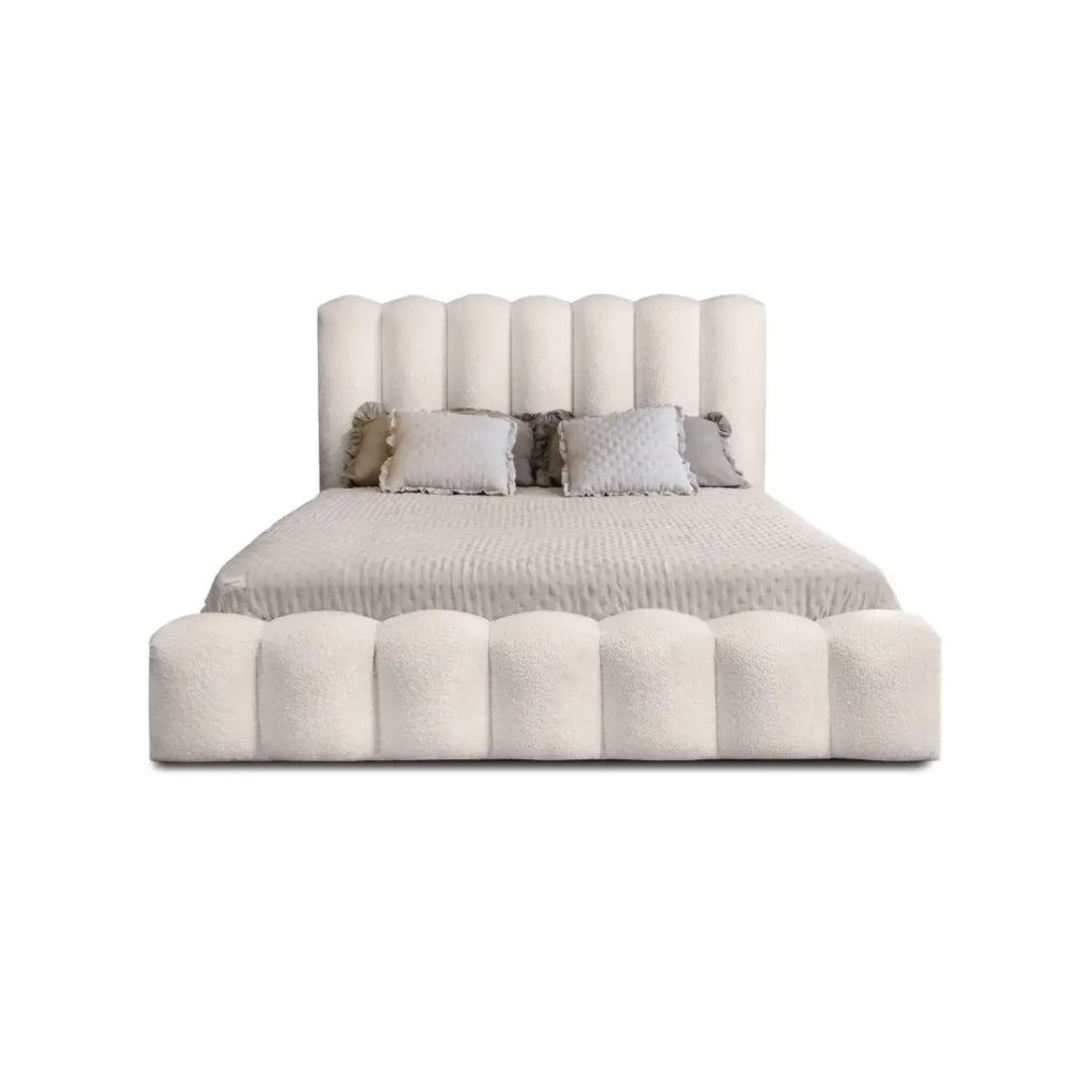 Letto contenitore BADJA – Tessuto bouclé Avorio rosato – 160x200 cm – Rete sollevabile – Design di alta gamma