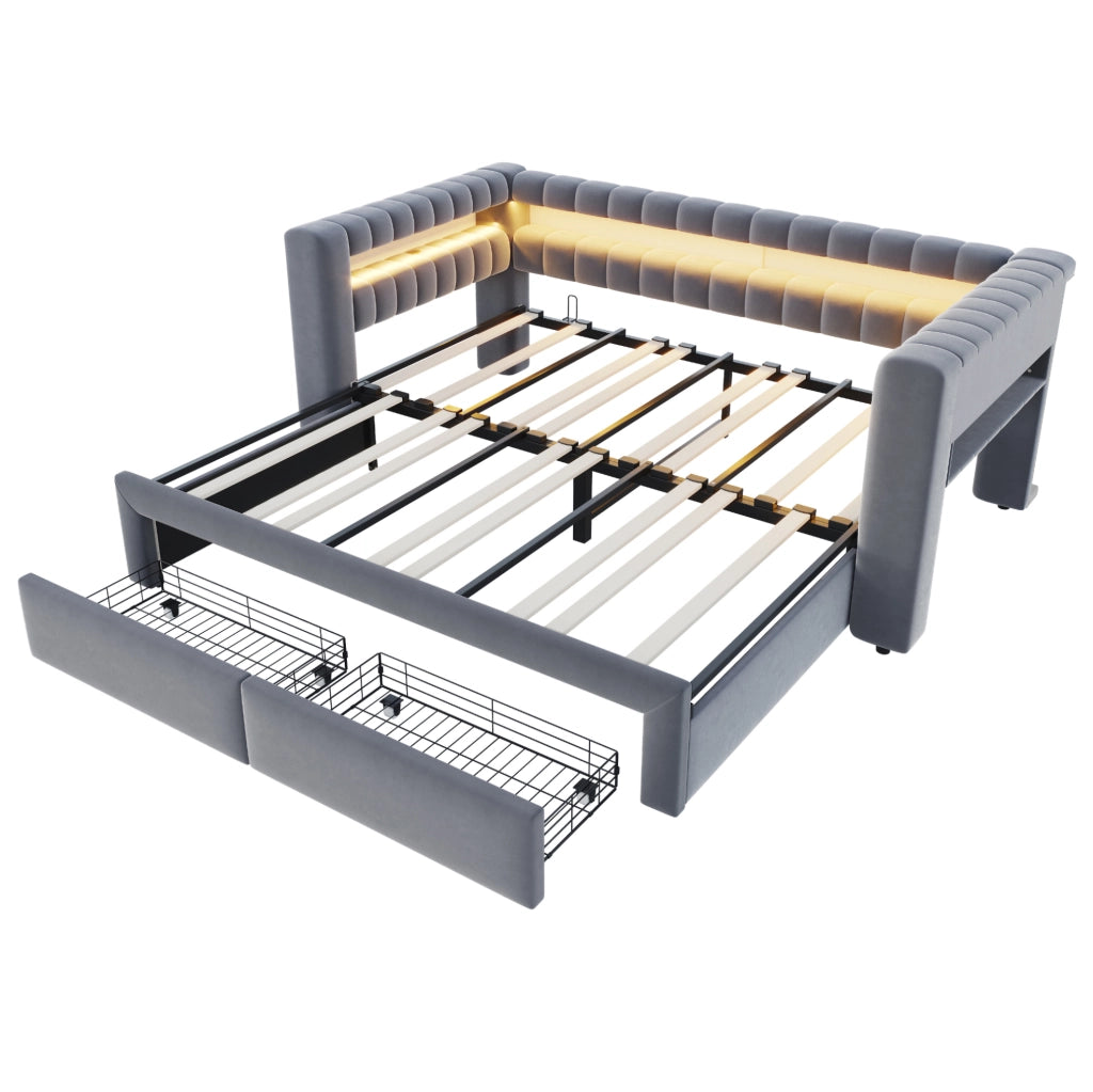 Divano letto multifunzione 90x190 cm estraibile; con cassetti; LED; USB; in velluto grigio