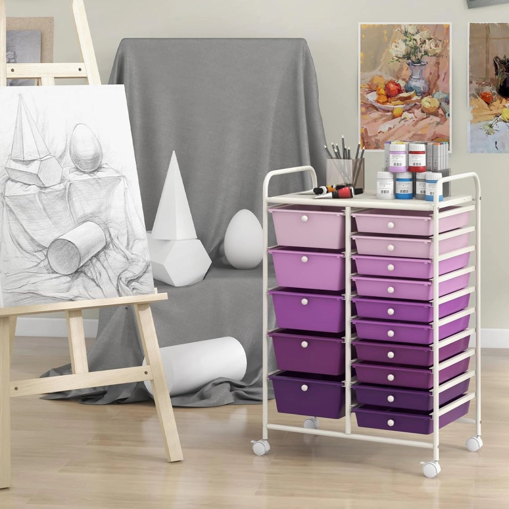 Carrello con 15 Cassetti Impilabili, Carrello di Stoccaggio con Ruote, Carello Portaoggetti per Casa e Ufficio, 62,5 x 37 x 87 cm (Viola)