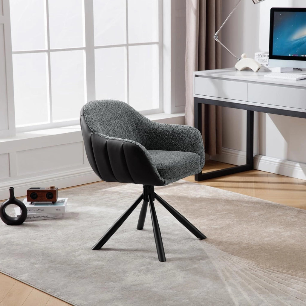 1x Sedia Sala da Pranzo Girevole, Sedia da Cucina con Braccioli e Schienale, Poltroncina per Ufficio, Camera da Letto, Gambe in Metallo, Ciniglia+Ecopelle, Grigio Scuro+Antracite, EZS04dgr-1