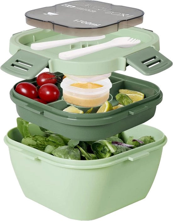 Contenitore per insalata con scomparti, scatola per pranzo con posate, contenitore bento impermeabile per scuola, lavoro e picnic.