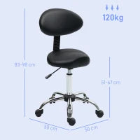 Sgabello Estetista con Ruote e Schienale, Altezza Regolabile e Seduta Girevole in Finta Pelle, Nero