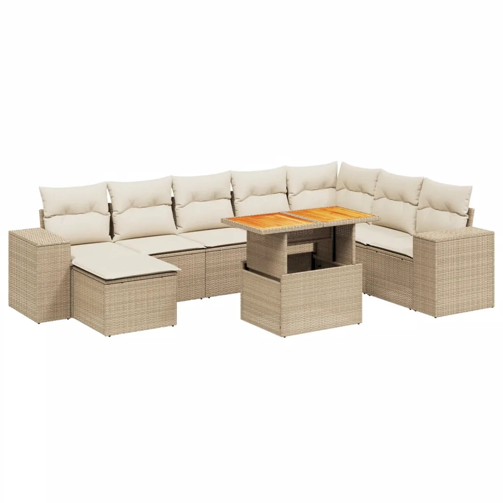 Set Divano da Giardino 9 pz con Cuscini Beige in Polyrattan