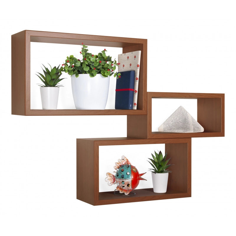 Set di 3 Mensole da Muro, Libreria Sospesa, Libreria Parete, Scaffale Parete, Ciliegio, 45x27 p15,5 cm, 40x22 p15,5 cm e 35x17 p15,5 cm - Trittico