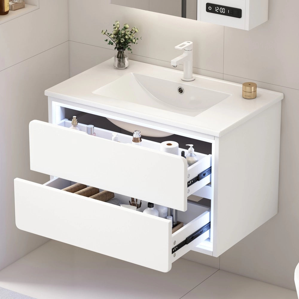 Mobile da Bagno Sospeso con Lavabo Integrato e LED ¨C Xylo ¨C Bianco, 2 Cassetti, 76x46x48.5 cm