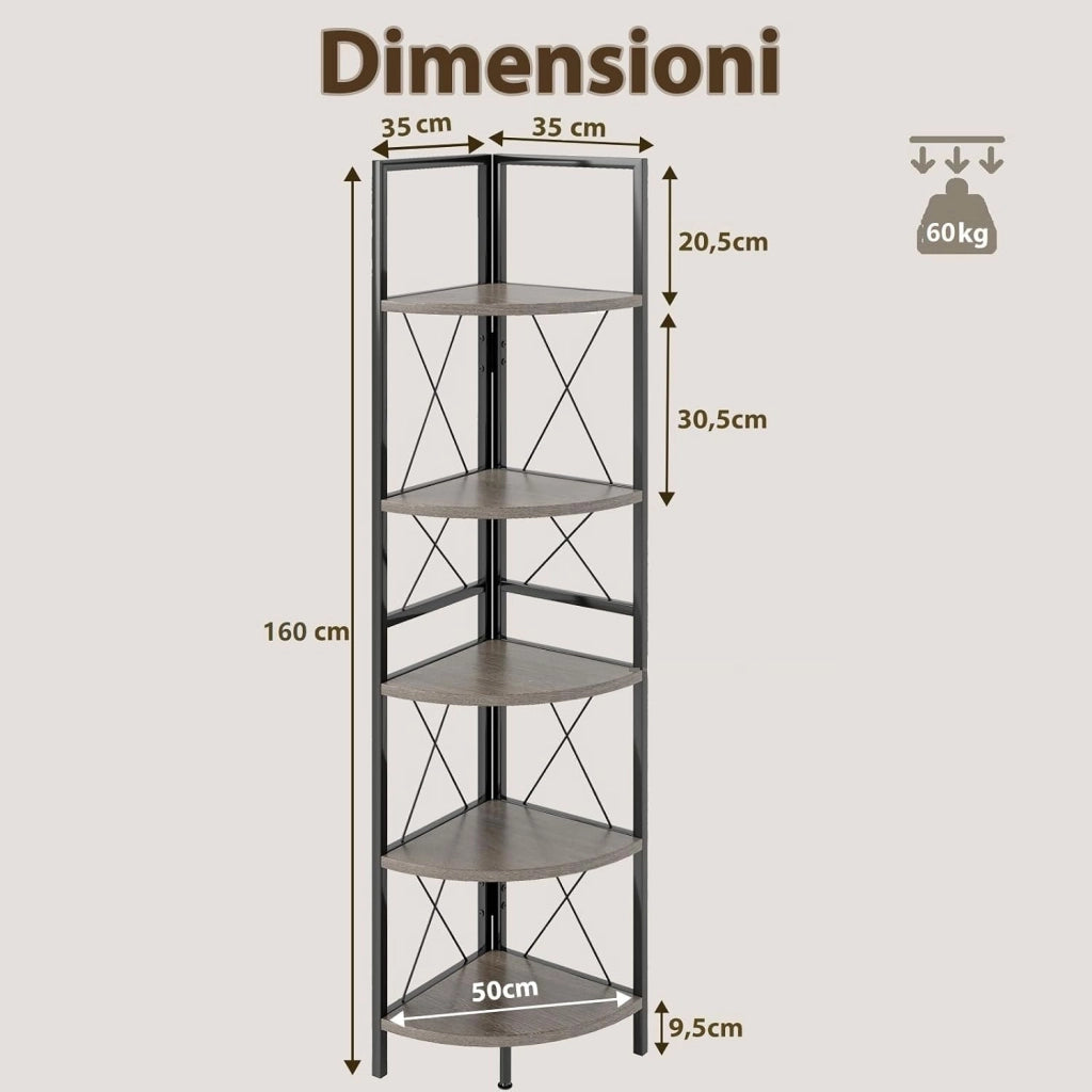 Scaffale Angolare, Libreria Industriale a 5 Ripiani con Struttura in Metallo, Libreria a Scale per Soggiorno Ufficio Cucina Spazi Piccoli, 35x35x160 cm (Grigio Rovere)