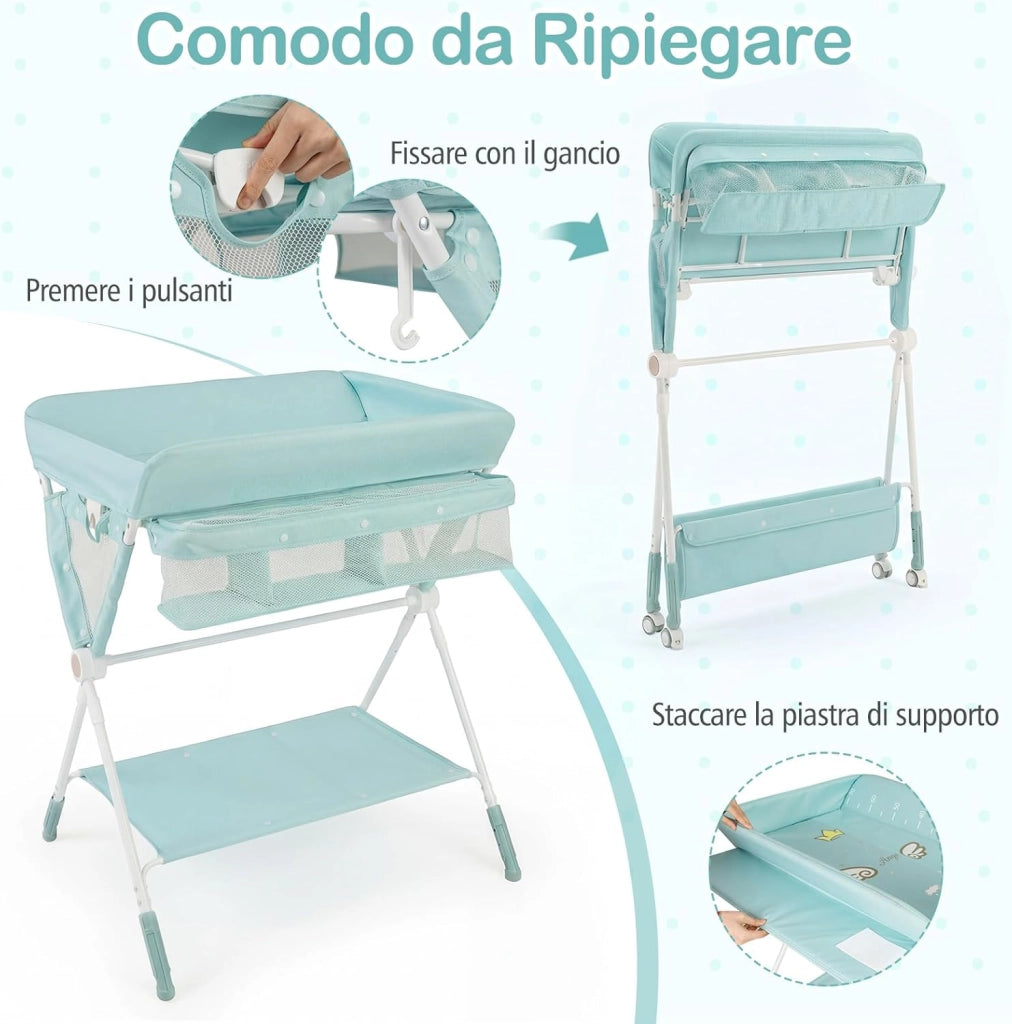 Fasciatoio Pieghevole per Bambini, Fasciatoio Portatile con Altezza Regolabile a 3 Livelli, Fasciatoio Neonato con Ruote di Bloccabili, Ripiano, Porta Asciugamani, per 0-12 Mesi (Verde)