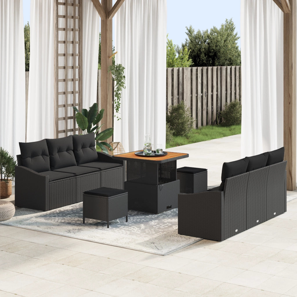 Set Divano da Giardino  9 Pezzi con Cuscini Nero Polyrattan Acacia