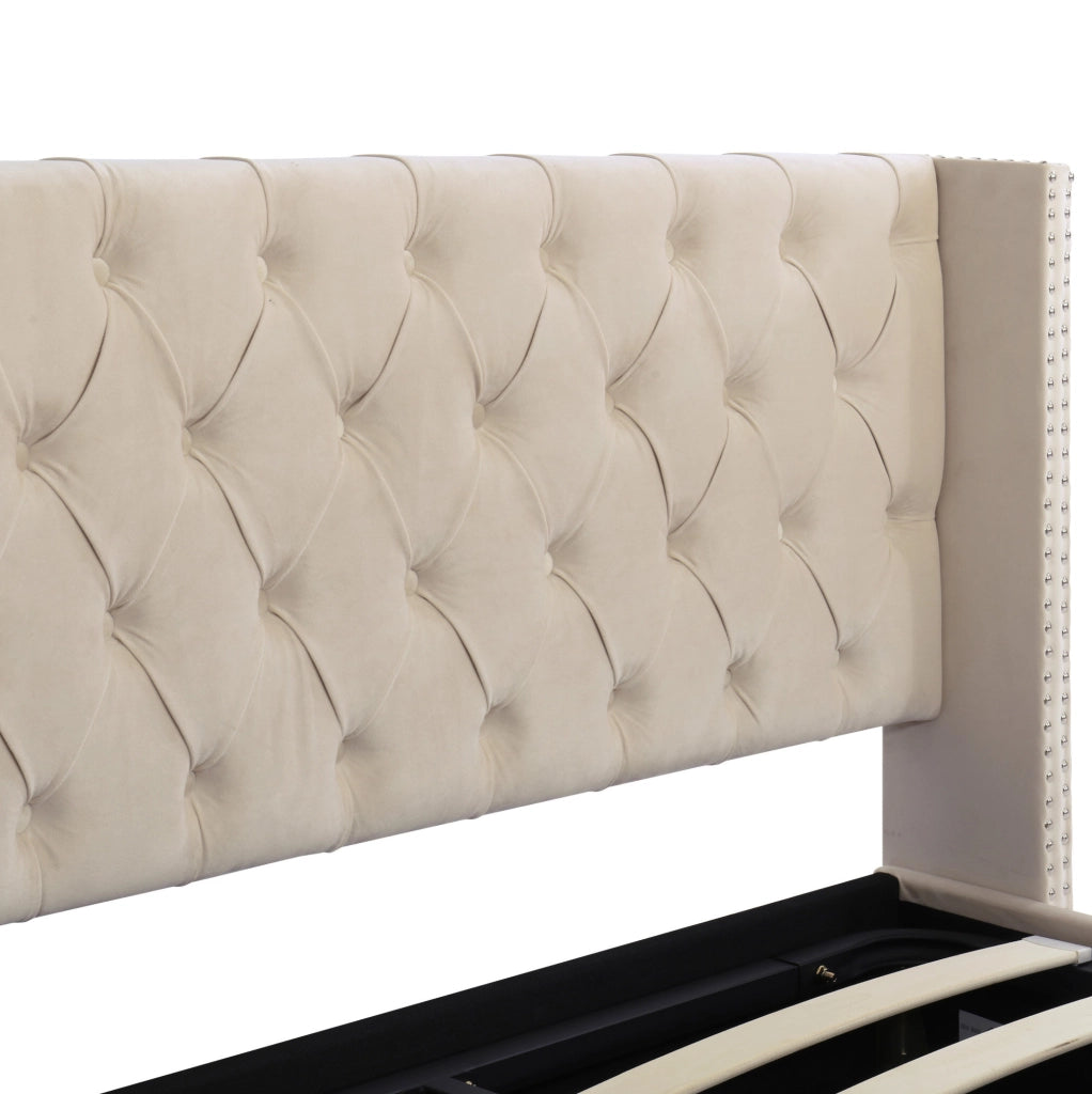Letto 140x190 cm con contenitore e sollevamento idraulico in velluto beige