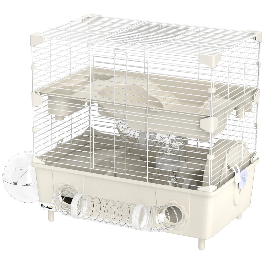 Gabbia per Criceti a 2 Livelli e 3 Porte con Ruota e Tubi, in Acciaio, PS e PP, 44.5x28x44 cm, Crema e Bianco