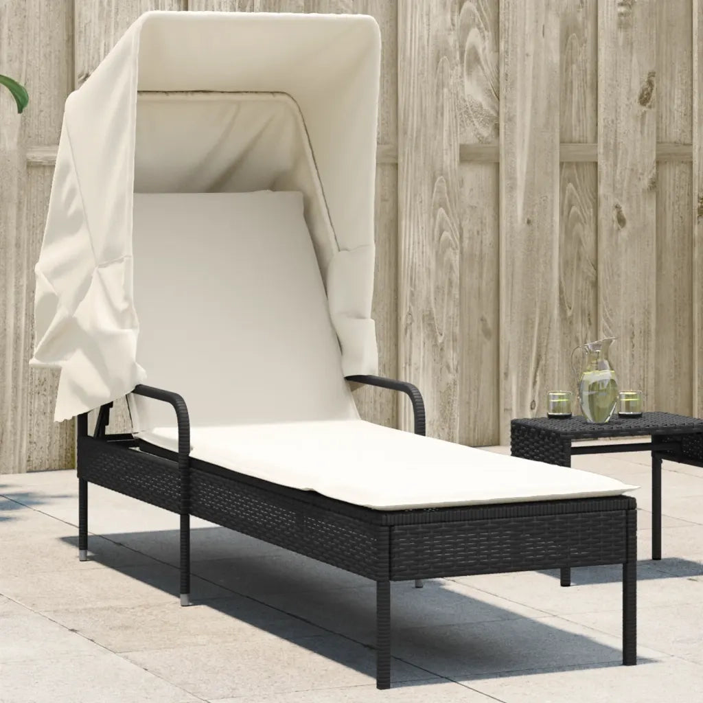 Lettino Prendisole | Sdraio da giardino | Lettino da sole con Baldacchino Nero in Polyrattan