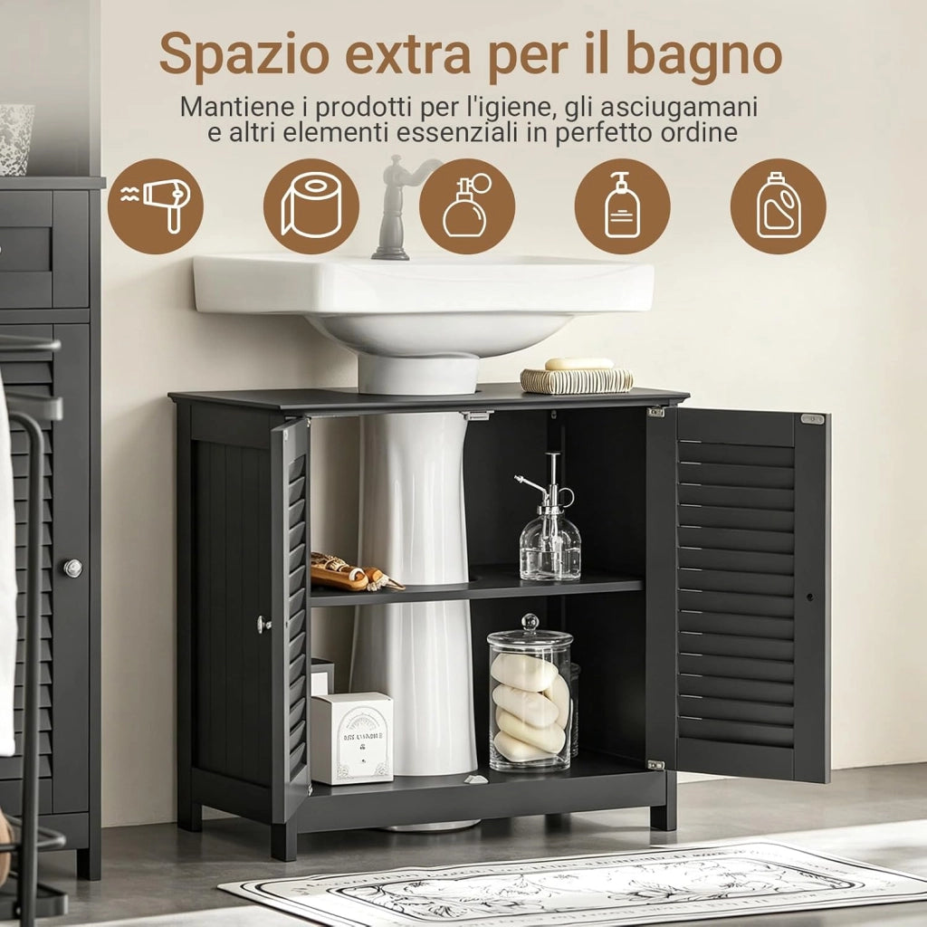 Mobile Bagno Sottolavabo - Mobiletto Bagno Salvaspazio con Mensole Regolabili, Mobile Lavabo in MDF, Antimuffa con Porta a Lamelle, per lavabo a terra, Grigio Scuro, 60x58x35cm, FRG237-II-DG
