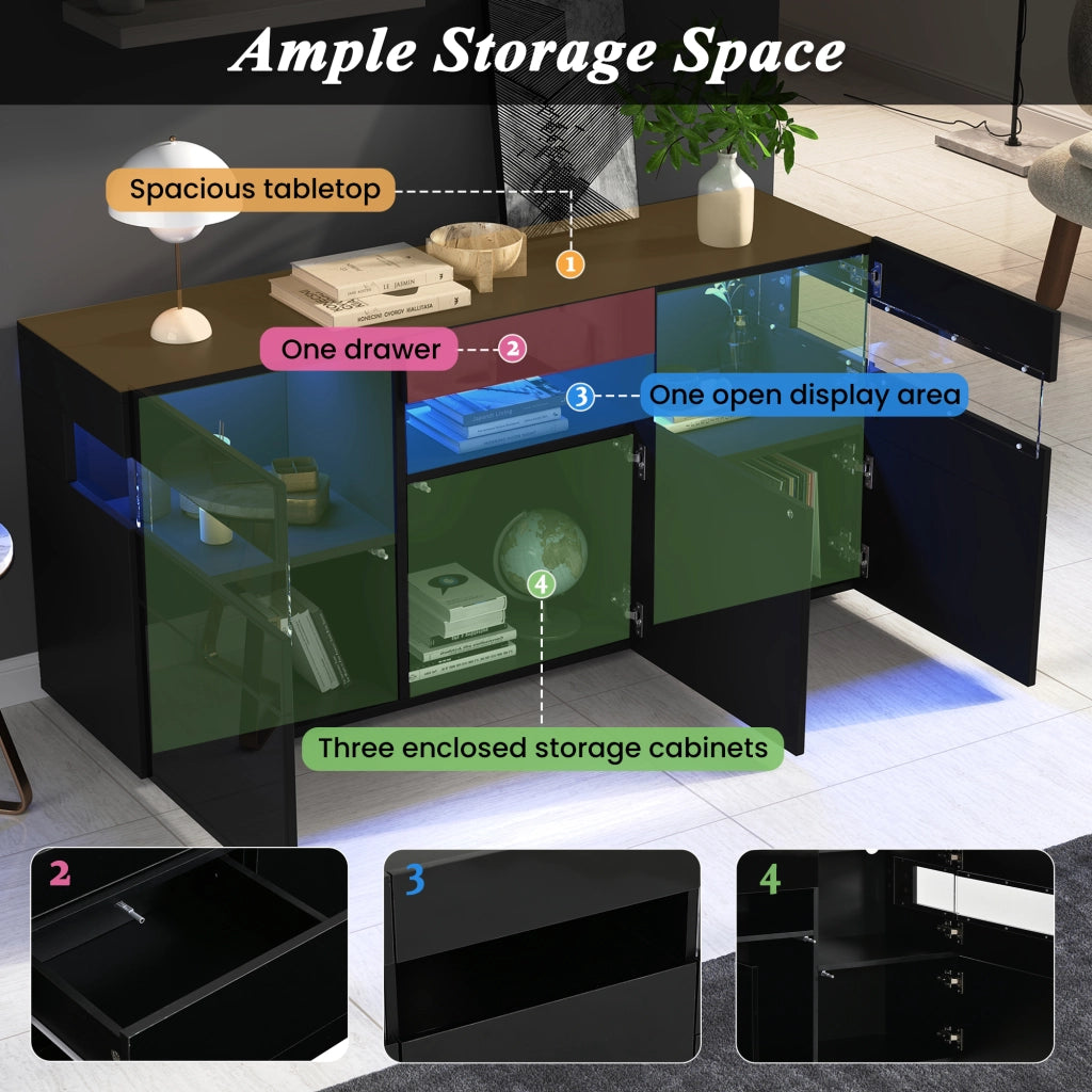 Credenza e madia con LED, 3 ante e 7 vani, frontale lucido, per soggiorno, in truciolare, nero, 140 × 40,5 × 66,5 cm