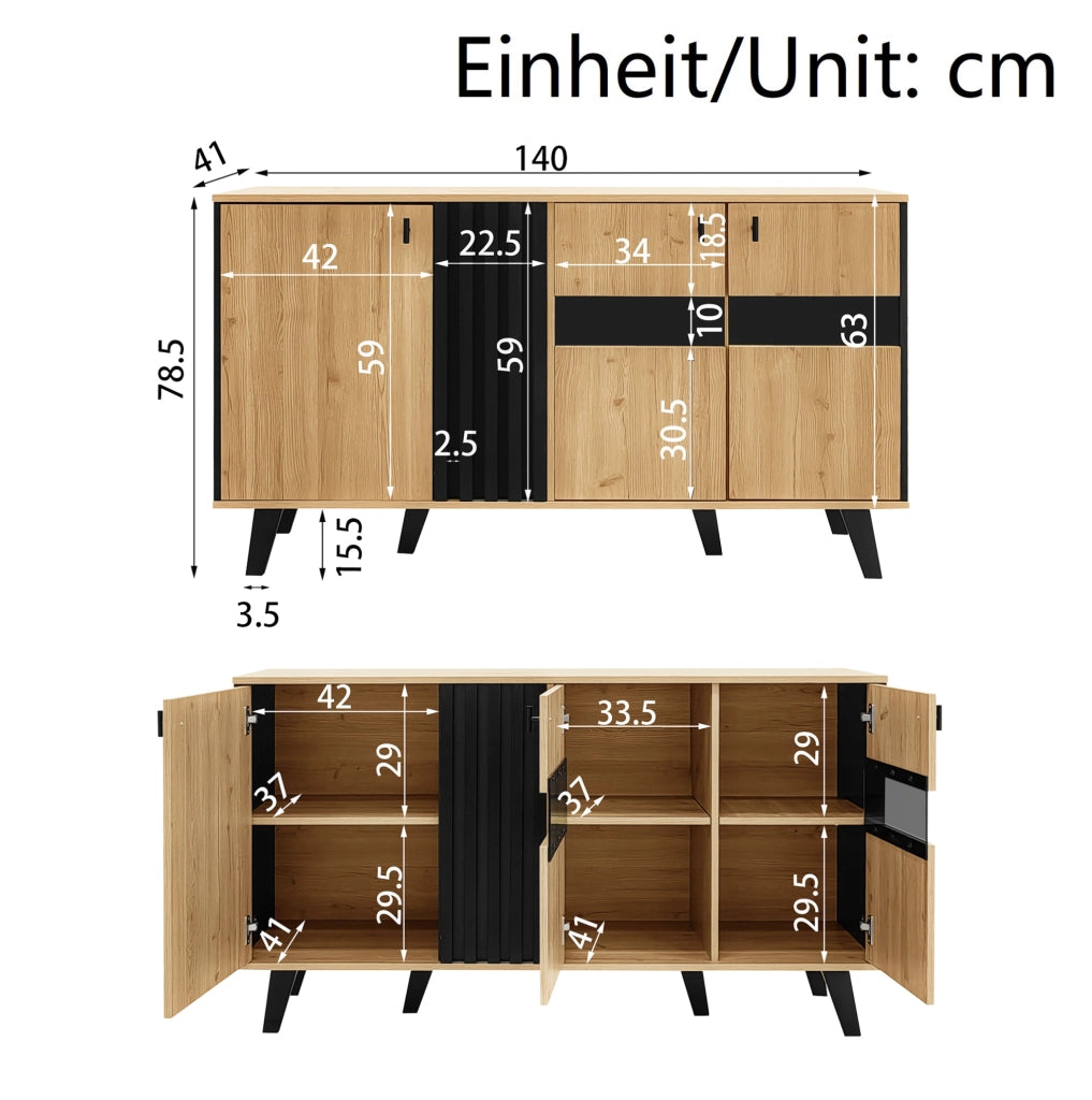 Credenza 140x78.5x41 cm con 3 ante; ripiani e LED; vetro e pannello truciolare