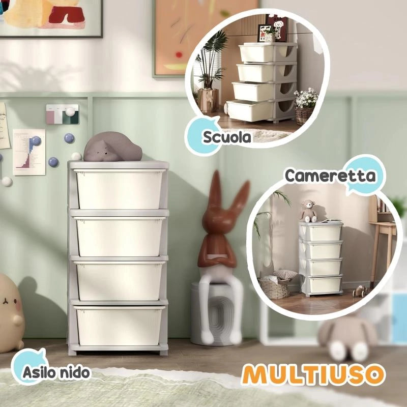 CASSETTIERA IN PLASTICA COLORATA PER CAMERETTA CON 4 CASSETTI, 37X37X76 CM, CREMA