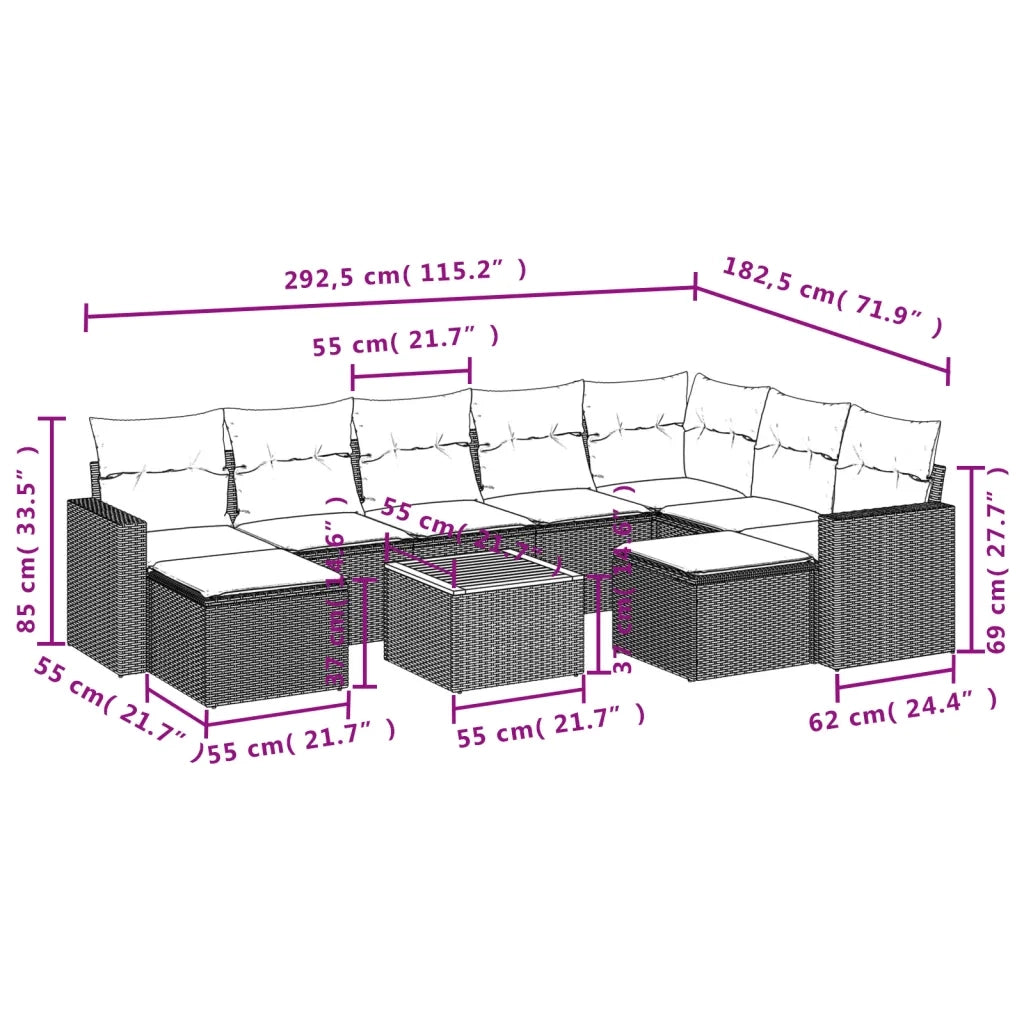 Set Divano da Giardino 10 pz con Cuscini Beige in Polyrattan