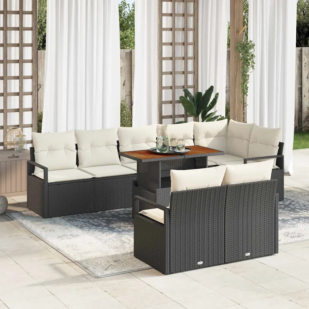 Set Divano da Giardino con cuscino 9 pcs Nero e Crema