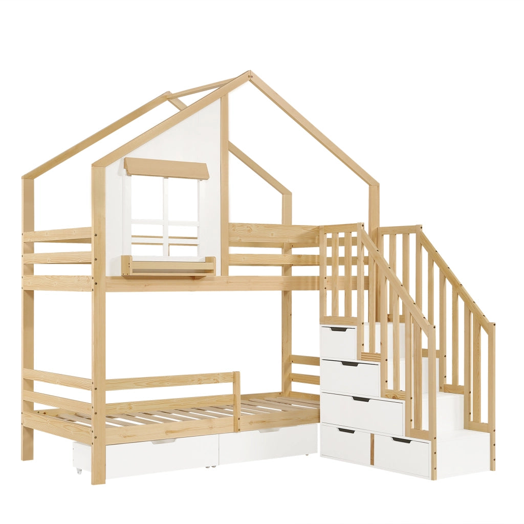 Letto a Castello 90x200 cm - 2 Cassetti; Scala Contenitore e Finestre - Bianco e Naturale