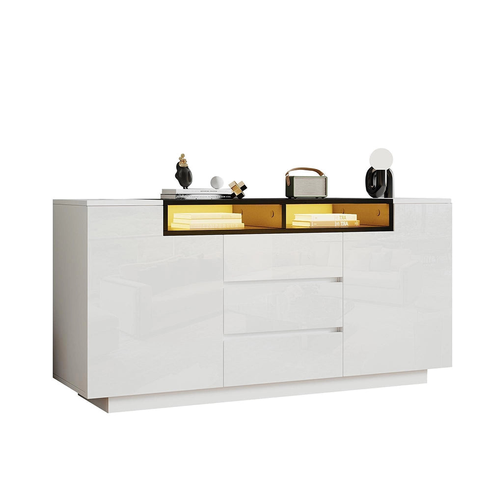 Credenza Soggiorno Angolare 140x40x68cm - Xylo - 2 Ante Lucide con LED Regolabile, Bianco e Nero