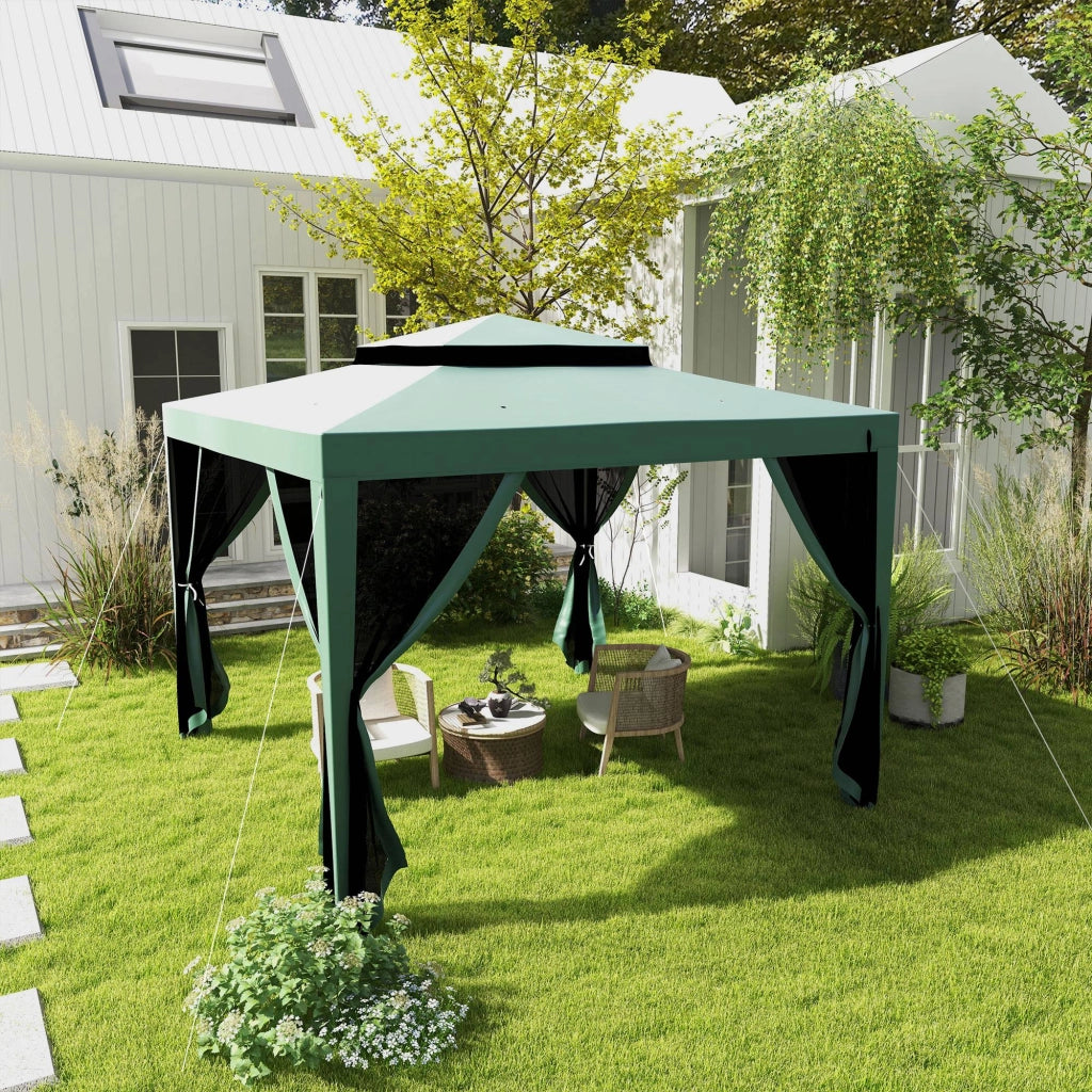 Gazebo da giardino 3x3 m ¨C Minimal ¨C verde con 4 zanzariere laterali e tetto doppio