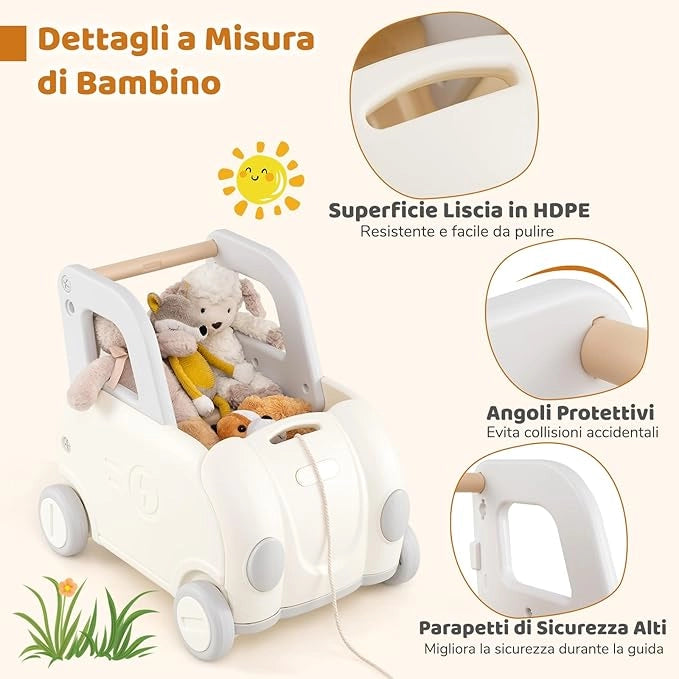 Girello Primi Passi per Bambini, Carrello a Spinta con Contenitore, Sedile Ribaltabile e Ruote, Organizzatore per Giocattolo, per Cavalcare, Camminare e Trainare, per Bambini 18-36 Mesi