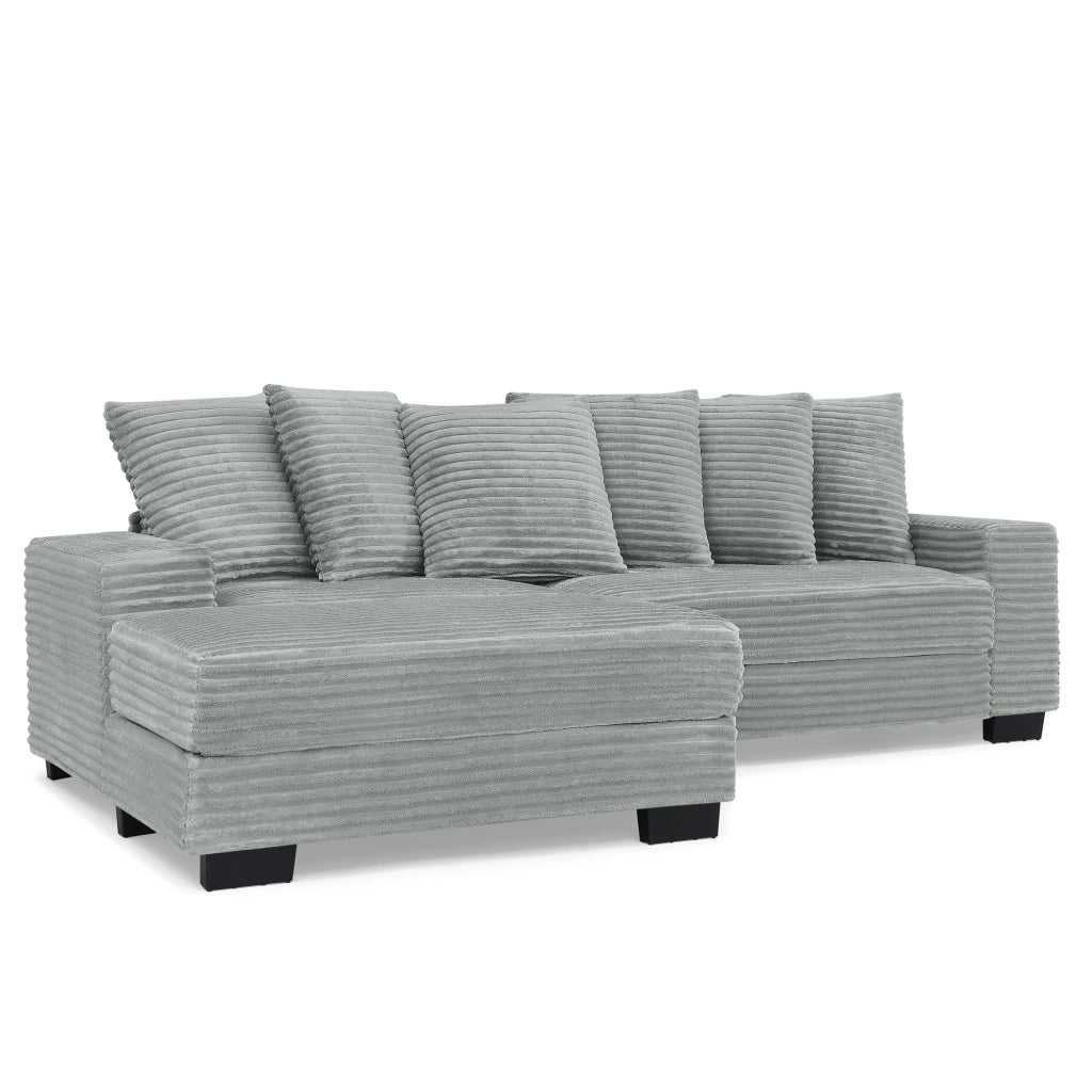 Divano angolare 4 posti con chaise longue reversibile e 6 cuscini in velluto a coste grigio