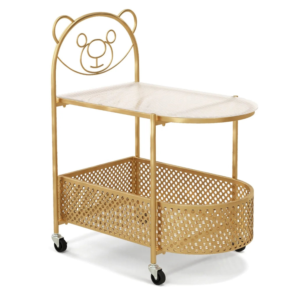 Tavolino mobile 60 x 40 x 76 cm con 2 ripiani motivo orso pratico contenitore metallo dorato 20_0013786