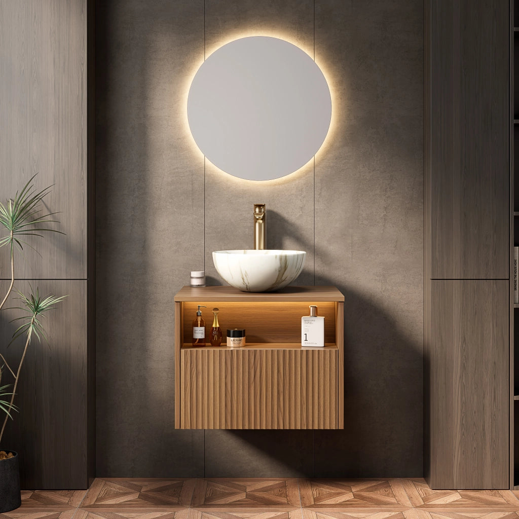 Mobile bagno con cassetto e vano aperto con lavabo in ceramica e luce LED con sensore per bagno 60×46×60.8 cm