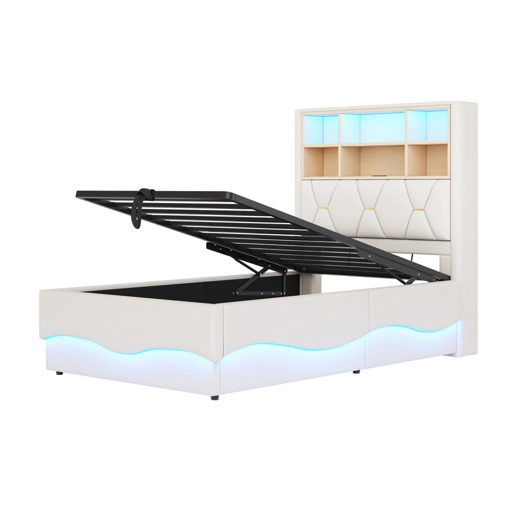 Letto contenitore singolo 90×200 cm con LED; USB e rete sollevabile; senza materasso; ferro; beige