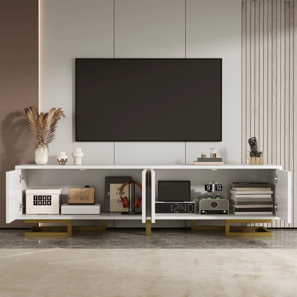 OKWISH Mobile TV con 4 Ante e Ripiani Interni, Cerniere Ammortizzate e Piedini Regolabili, per Soggiorno, Bianco, 160 x 38 x 44,5 cm