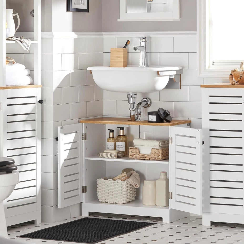 Mobile Sottolavabo per Bagno Mobiletto Salvaspazio con Ripiani Regolabili Ideale per Lavandino, Arredo Bagno Componibile 60x59x30 cm BZR40-W