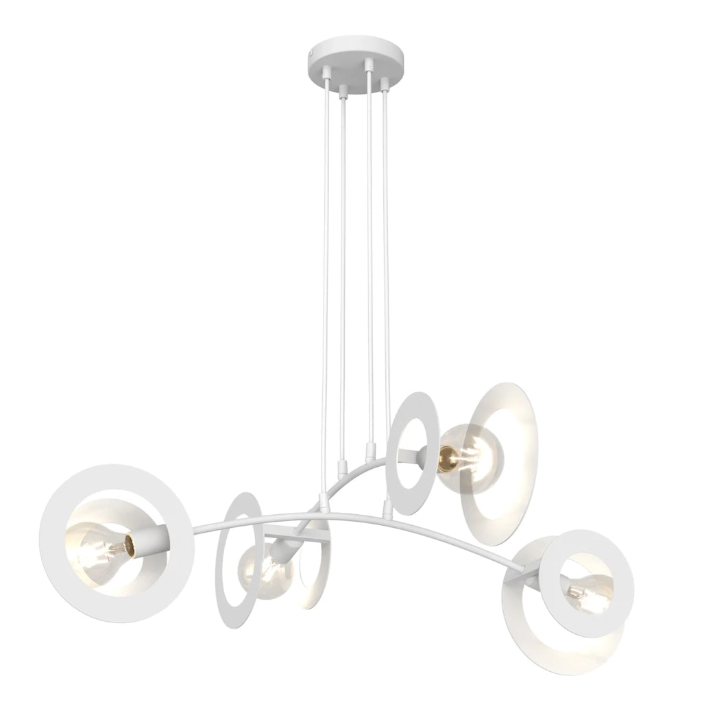 Lampadario 4 Luci Crono Acciaio Bianco A Bracci E Diffusori A Doppio Cerchio