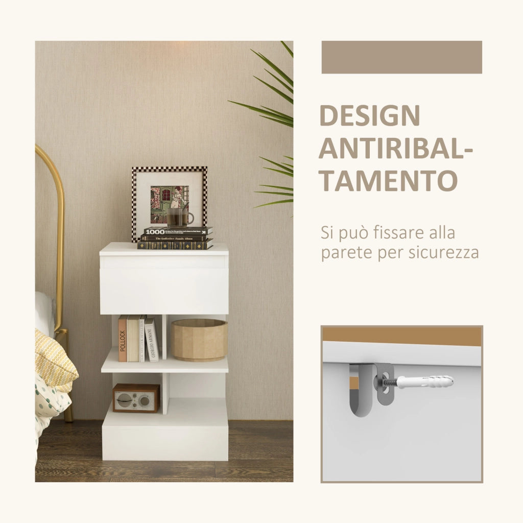 Comodino Moderno in Truciolato e MDF con un Cassetto e 2 Ripiani, 39x39x65 cm, Bianco