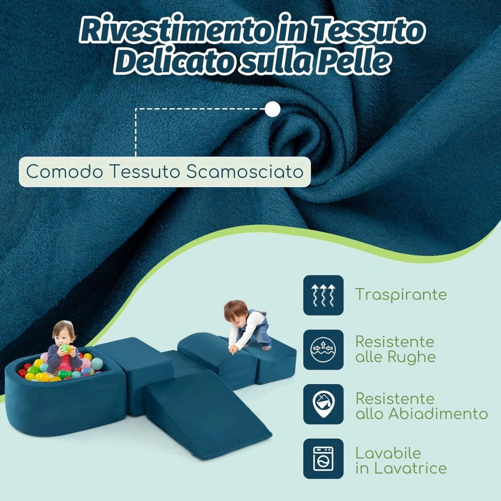 Set di 5 Pezzi Gioco in Schiuma, Blocchi con Piscina di Palline per Bambini, Coperture Lavabili con Cerniere, Blocchi Creativi per Stanza di Giocattoli, Camera da Letto (Blu)