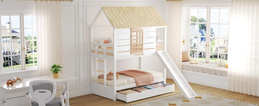 Letto a castello a forma di casa 90x200 cm con scivolo e 2 cassetti, colore bianco e naturale