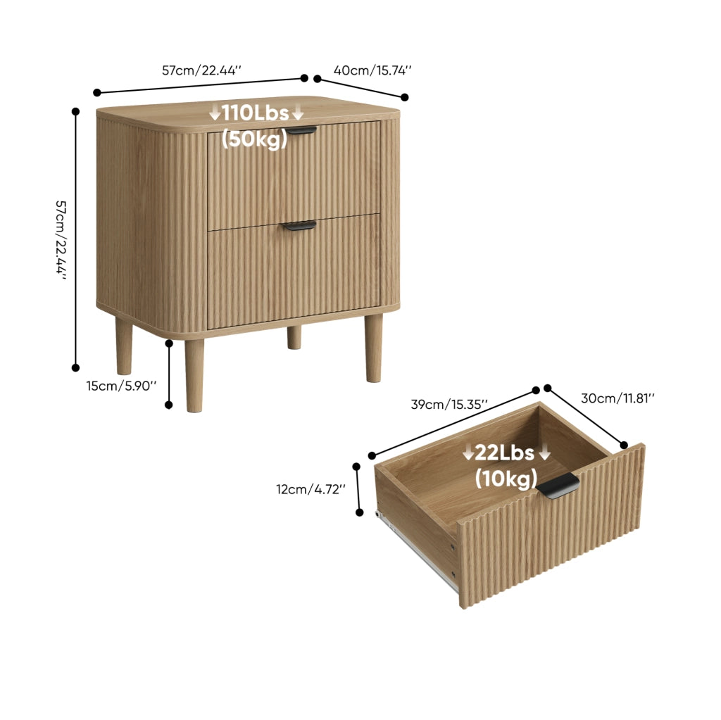 Comodino 2 cassetti in MDF effetto rovere con gambe in legno HAVRYA