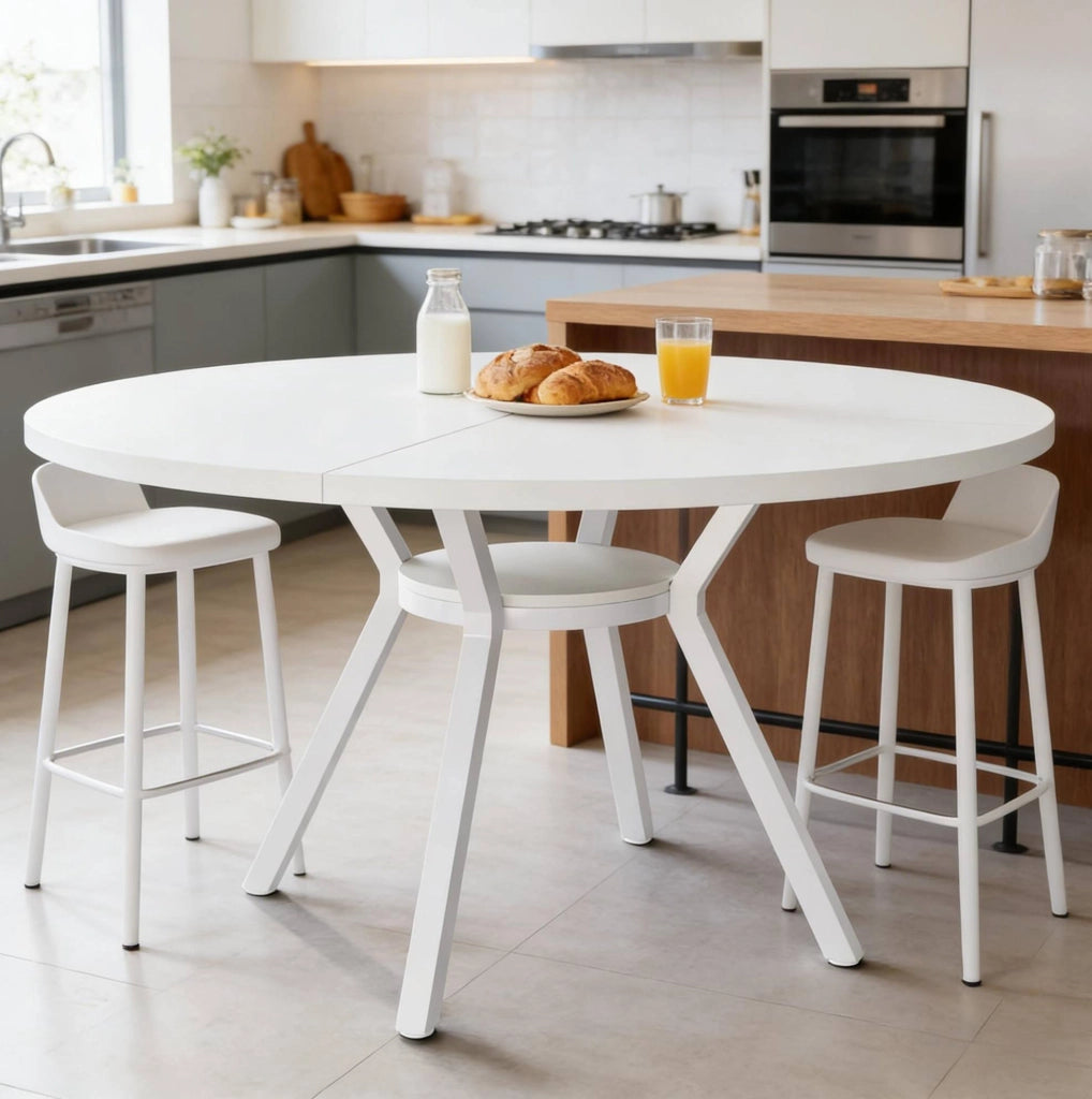 Tavolo da pranzo rotondo bianco 119;4 cm in legno e metallo; per 4-6 persone