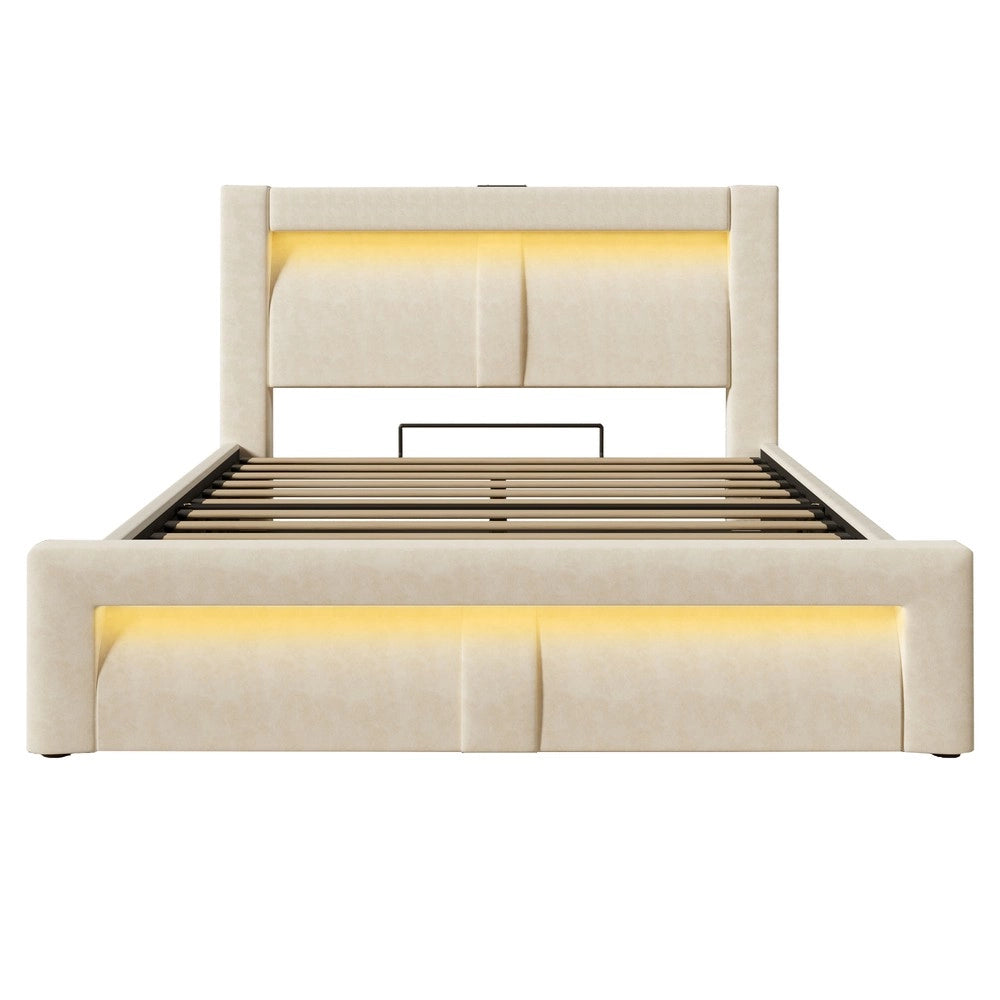 Letto Contenitore Matrimoniale con LED e Materasso ¨C MINIMAL ¨C Velluto Beige 160x200