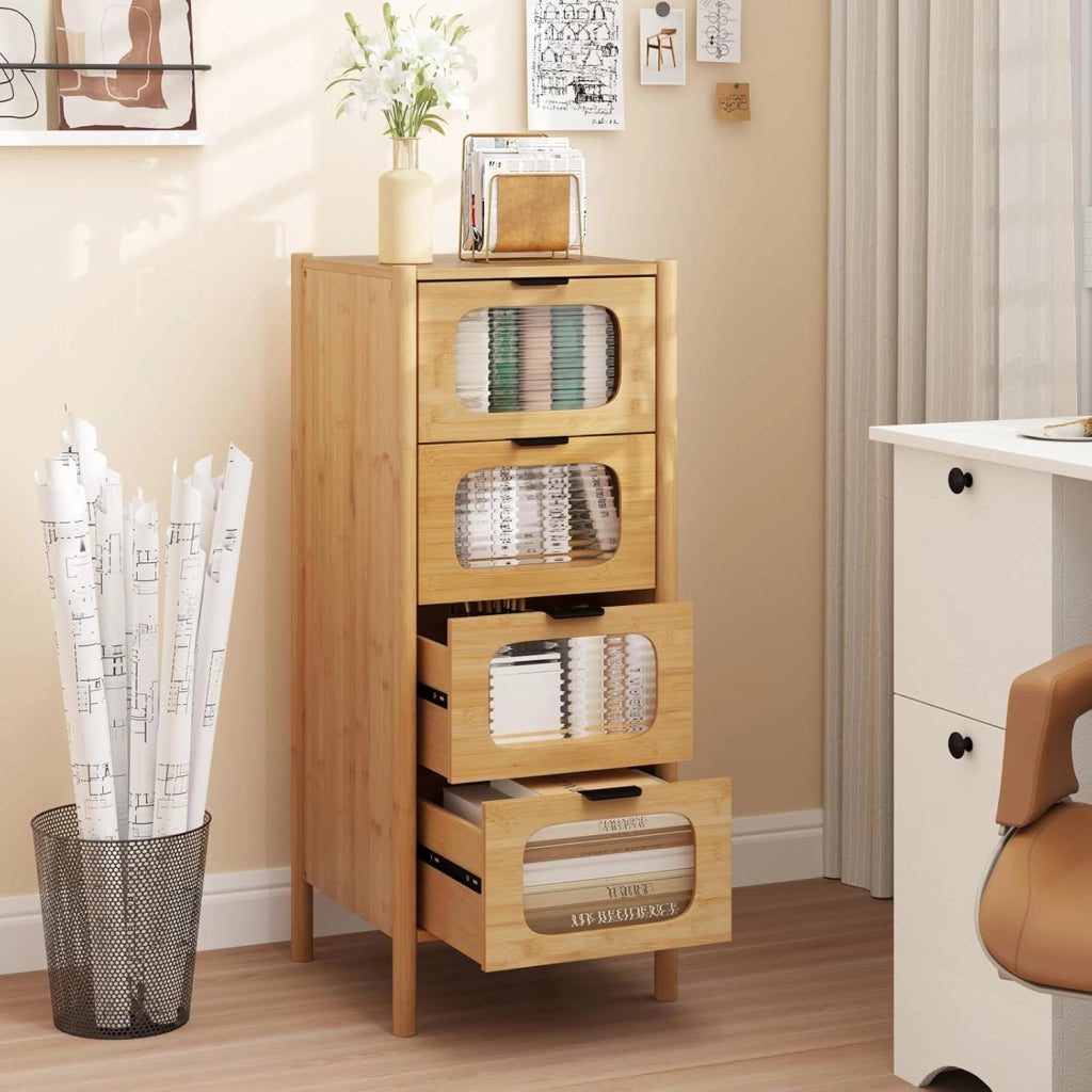 Cassettiera a 4 Cassetti in Bambù e Vetro, Cassettiera Alta per Camera da Letto, Credenza Salvaspazio per Soggiorno, Ingresso e Corridoio, 40 x 40 x 97 cm, Naturale