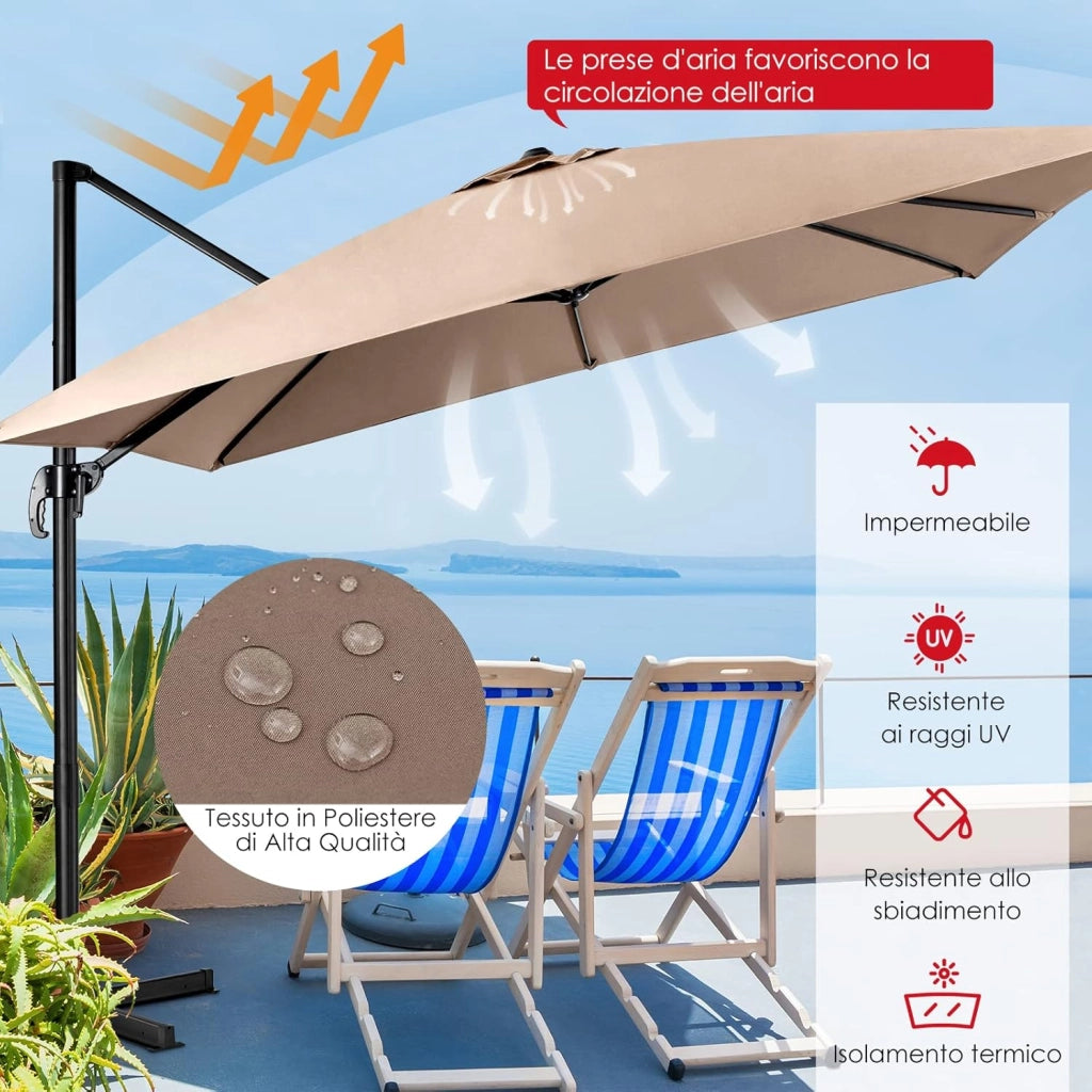 Ombrellone da Giardino 300 x 300cm | 3 Inclinazioni, Rotazione 360°, Manovella, 8 Stecche, Base Incrociata per Esterno (Caffè, 300 x 300 x 273 cm)