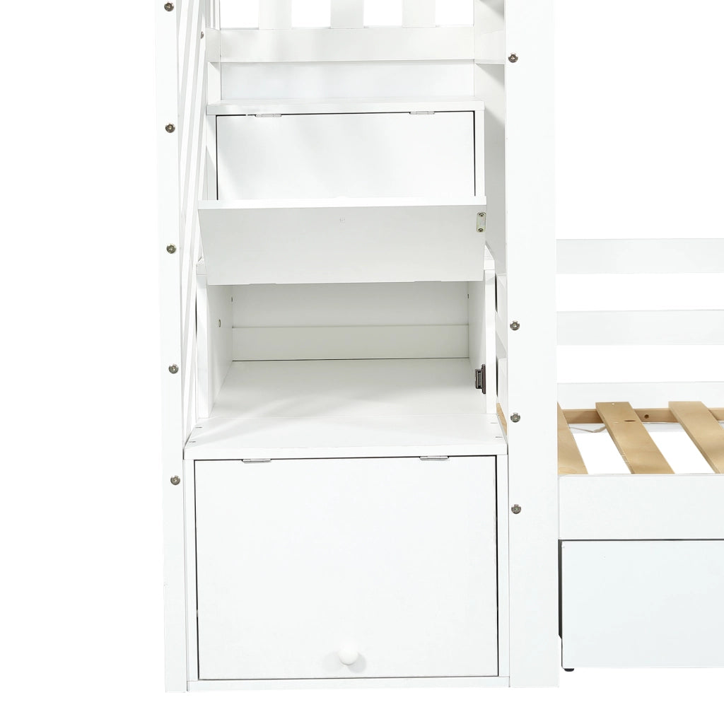 OKWISH Letto a Castello 90×200 cm, Letto Singolo con Scala Contenitore, Cassetto con Ruote e Finestre e Tetto, senza Materasso, Bianco