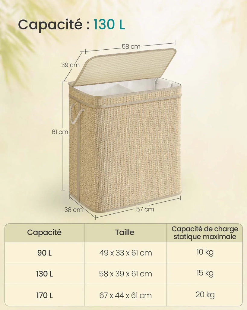 Cesto portabiancheria in bambù cesto per biancheria sporca da 90 litri sacco rimovibile e lavabile in lavatrice coperchio manici lavanderia camera da letto soggiorno beige 12_0006716