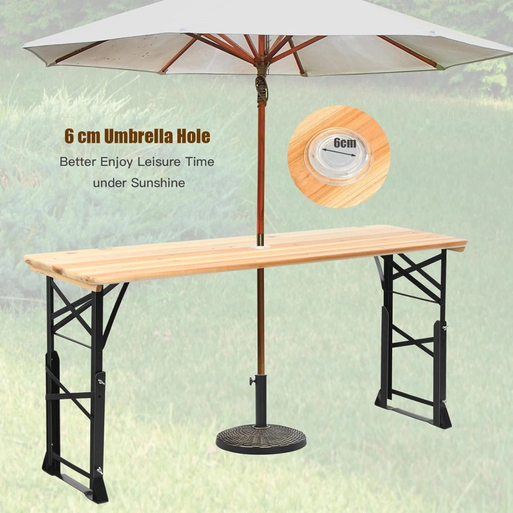 Tavolo da birra da esterno, regolabile in altezza da 75 cm a 105 cm, tavolo da bar da giardino pieghevole, tavolo da picnic con foro per ombrellone, 168,5 x 50 cm (lunghezza x larghezza)