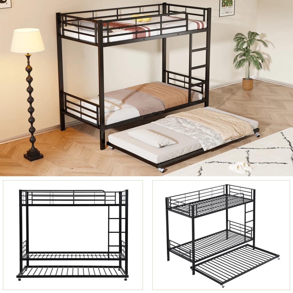 Letto a castello 90 × 200 cm e 90 × 190 cm con letto estraibile, senza materasso, in metallo, nero