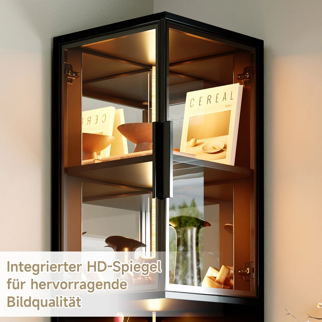 Vetrina con LED, 2 ante in vetro, specchio posteriore e vano aperto, per soggiorno, in truciolare, nero, 42 × 44 × 205 cm