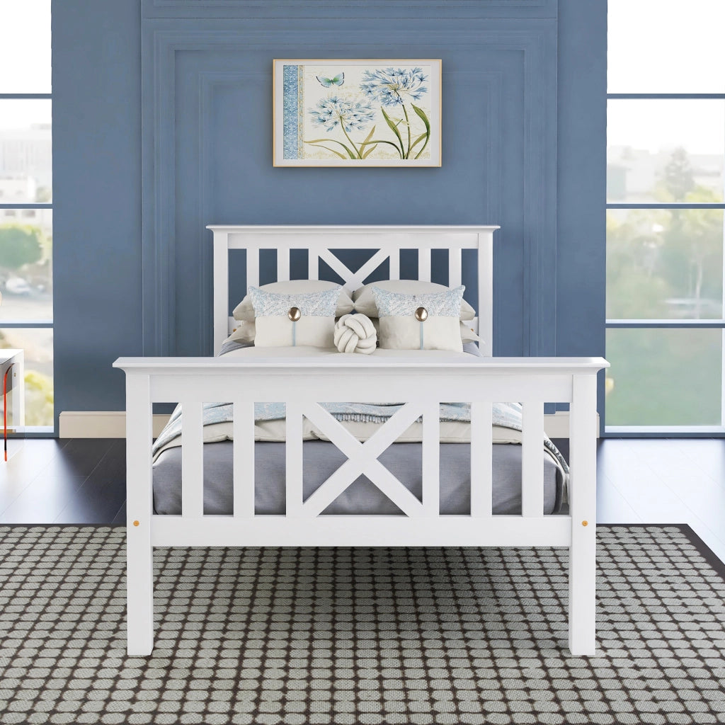 Letto Singolo 90×200 cm; 1 Posto con Testiera a X; senza Materasso; in Legno Massello; Bianco